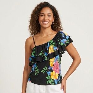 Floral One-Shoulder Black Top